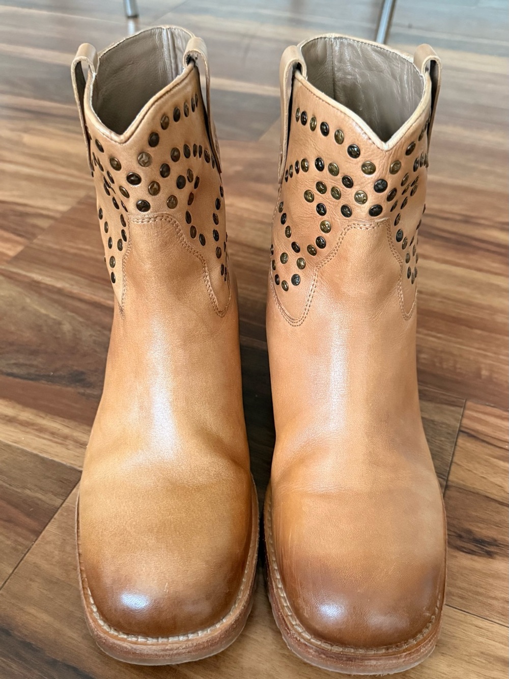 Tan Studded Leather Ankle Boots